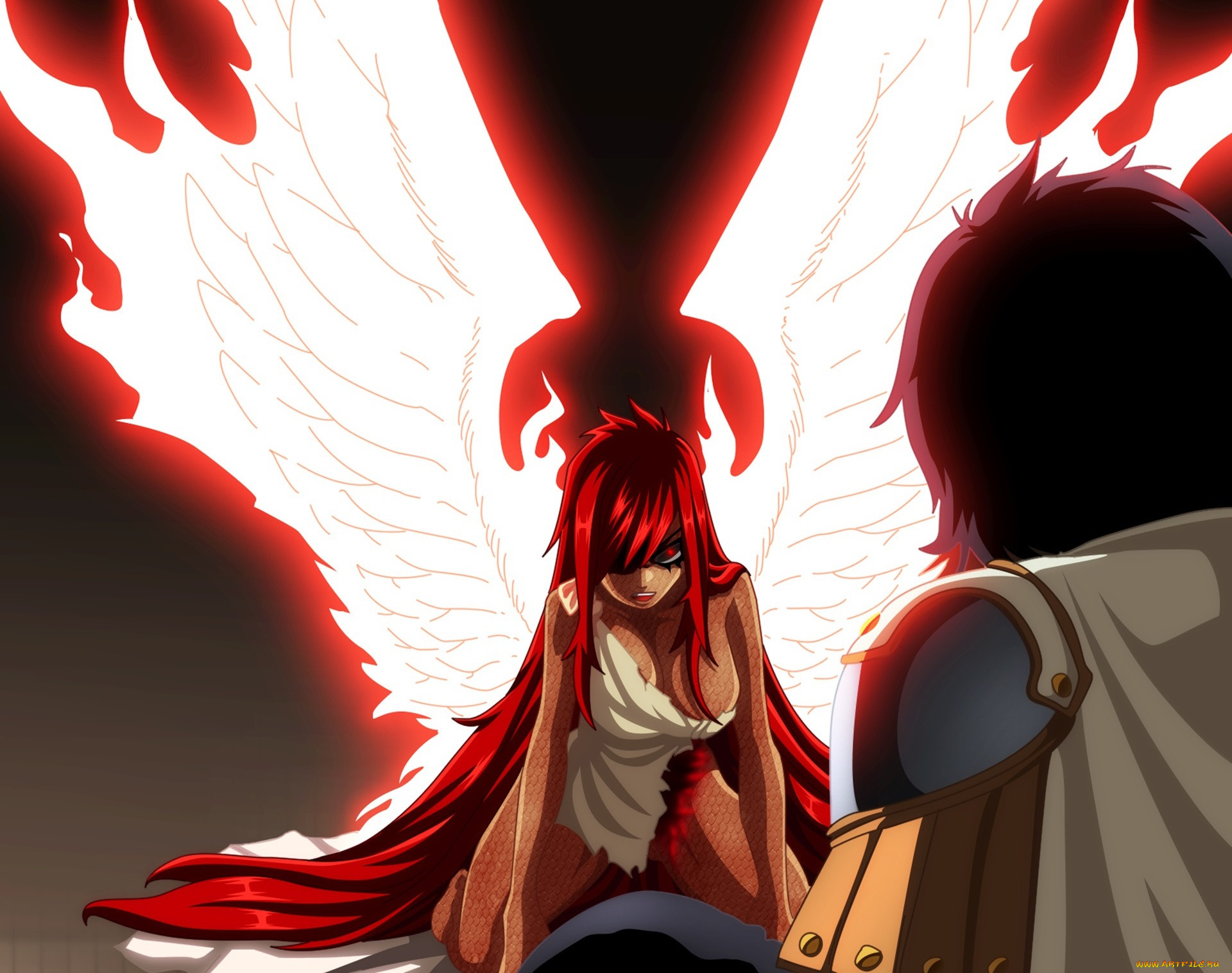 , fairy tail, dress, girl, manga, red, redhead, man, pretty, by, animefanno1, strong, eyes, wings, anime, oppai, fairy, tail, hair, game